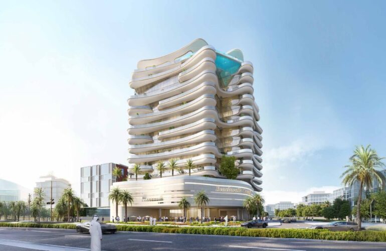 Top-down view of Beach Walk Grand building in Dubai from the said