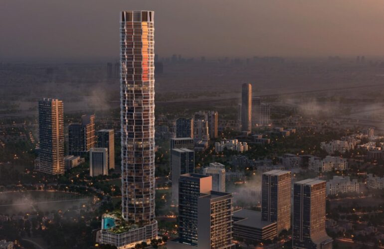 Night view of Binghatti Circle tower rising above the Dubai skyline