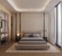 Cozy master bedroom with floor-to-ceiling curtains and soft lighting
