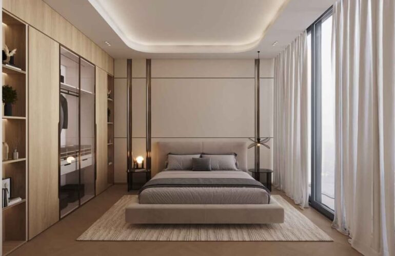 Cozy master bedroom with floor-to-ceiling curtains and soft lighting