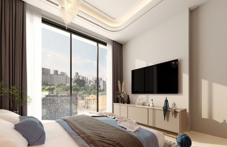 A bedroom at Trinity - Bedroom in Dubai, featuring a double bed. In front of the bed, there is a TV, and next to it, a large window offering a view of Dubai’s cityscape