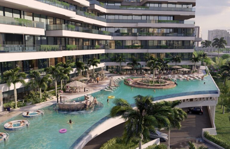 An infinity pool at Trinity Podium-Pool in Dubai, located on a balcony-like area above the apartment. Palm trees surround the pool, and people are swimming in it. Part of Dubai's luxury real estate