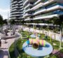 A dog park at Trinity - Dog Park in Dubai, located in front of an apartment. The park features walking paths for dogs and play equipment for them. Part of Dubai's luxury real estate