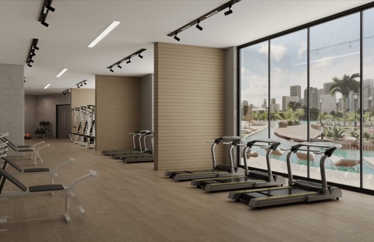 A spacious gym at Trinity - Gym in Dubai, featuring multiple treadmills arranged side by side. In front of them, a large window offers a view of the outdoors. Part of Dubai’s luxury real estate