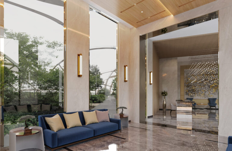 The reception area at Trinity - Reception in Dubai, with sofas and a large window behind them offering a view of the garden. The floor is ceramic, with a hallway. Part of Dubai’s luxury real estate.