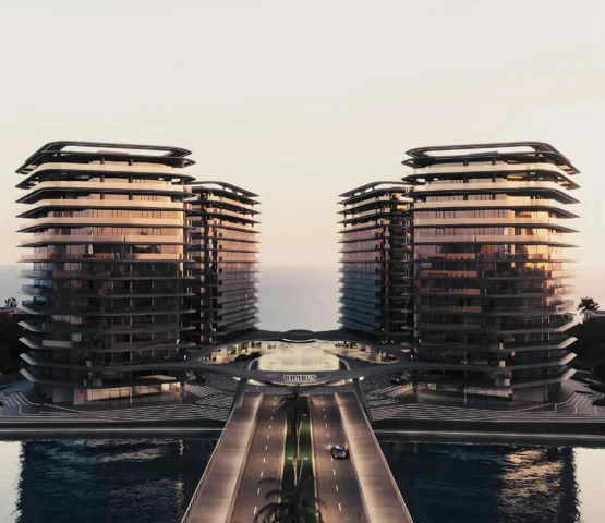 Front view of the twin towers at Brabus at Al Raha Island, Abu Dhabi, a stunning addition to Dubai’s luxury property landscape