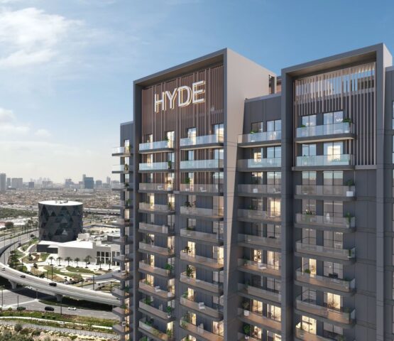 Exterior view of the building block showing the Hyde Residence logo and project signage