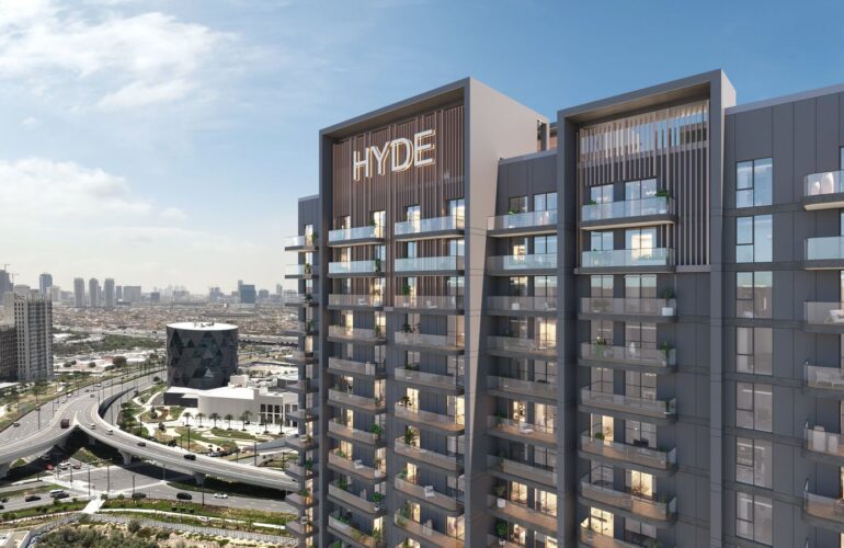 Exterior view of the building block showing the Hyde Residence logo and project signage