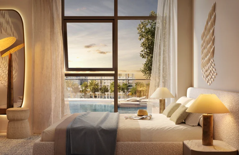 Pier Point 2 Cozy bedroom with floor-to-ceiling window and marina view