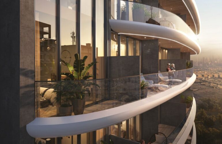 Stylish curved balcony in Westwood Grande with scenic city views