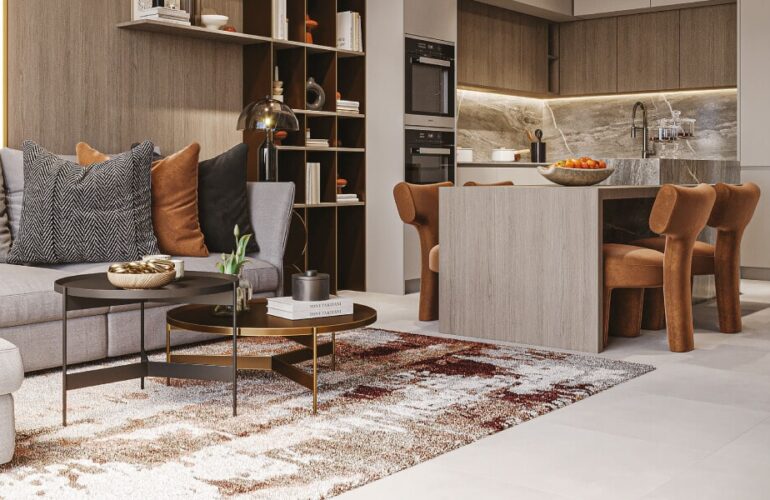 Open-plan kitchen and dining area in Westwood Grande with modern appliances