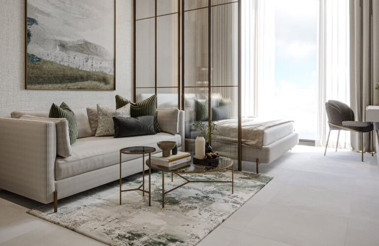 Bright and contemporary living room with neutral tones in Westwood Grande apartment