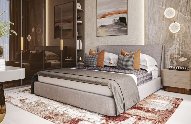 Elegant master bedroom in Westwood Grande with modern decor and large bed