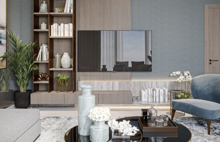 Modern TV wall and shelving unit in Westwood Grande with decorative items