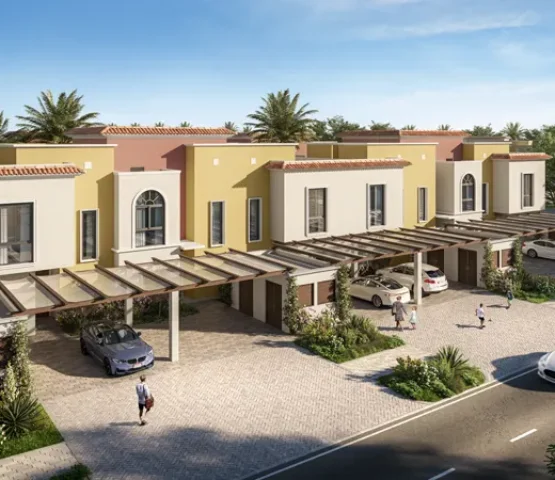 A row of beautifully designed townhouses in Dubai with elegant facades and lush surroundings.