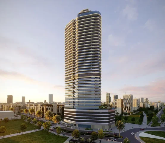 Electra at JVC in Dubai front view A large apartment with walking paths and many beautiful green spaces