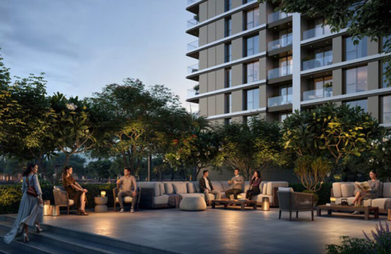 Residents relaxing at the outdoor lounge terrace at Lyvia by Palace