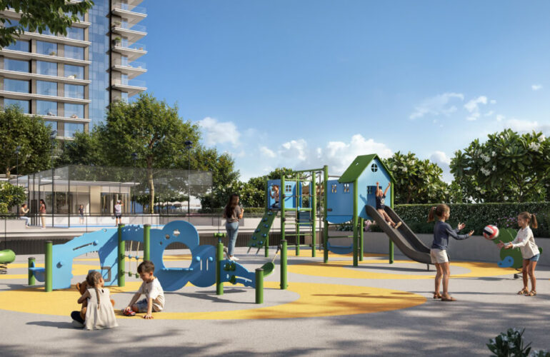 Children playing in a modern outdoor play zone at Lyvia by Palace