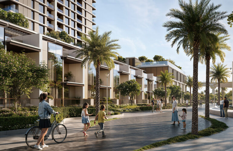 Palm-lined residential street with modern architecture at Lyvia by Palace