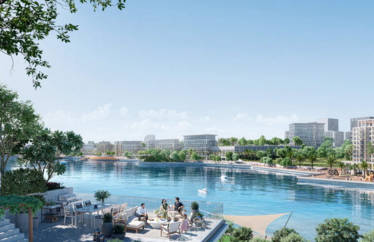 Scenic waterfront and promenade view at the Valia residential project by Emaar Properties