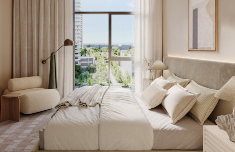 Modern bedroom in Expo Living with neutral tones and floor-to-ceiling windows